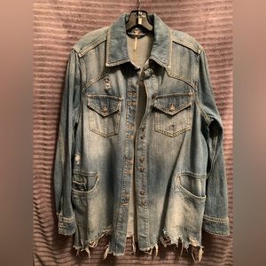Free People Moonchild Distressed Denim Long Shirt Jacket